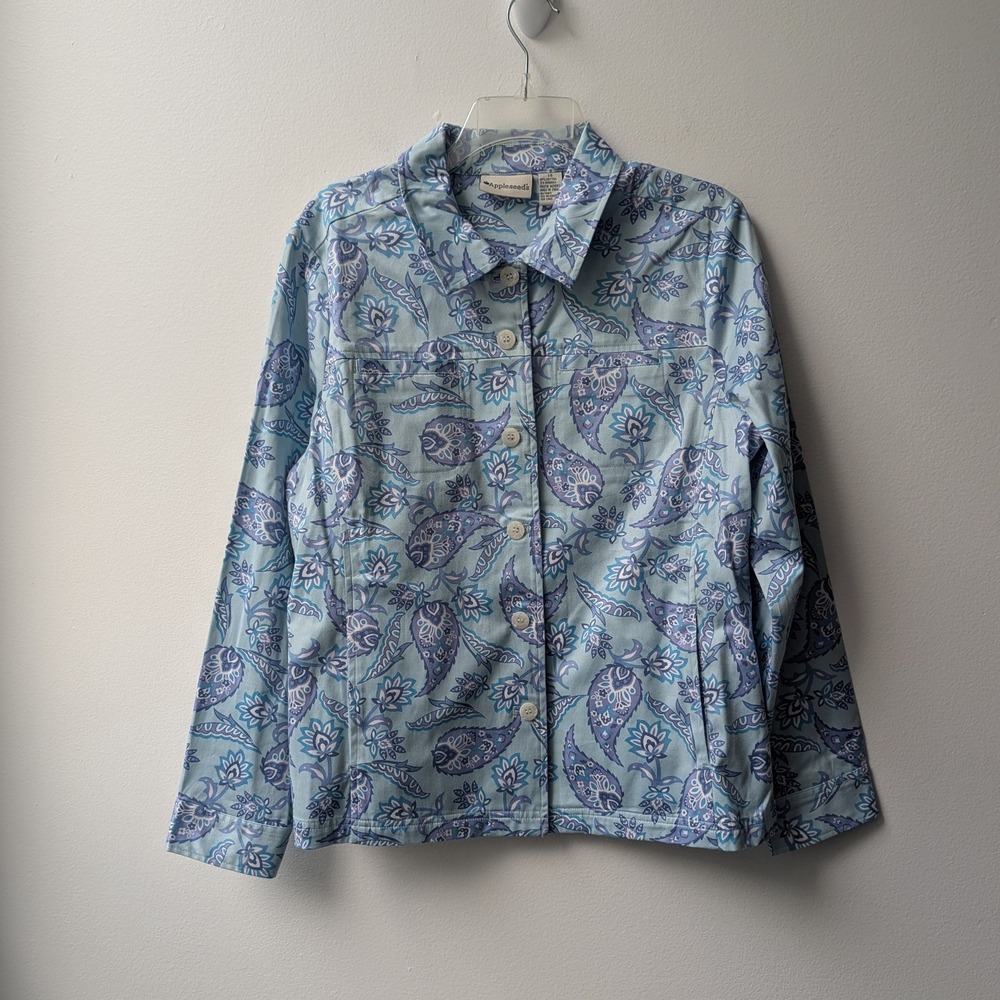 Appleseed's Jacket Blue Paisley Button Front Cotton Blend Sz 14 Coastal Grandma